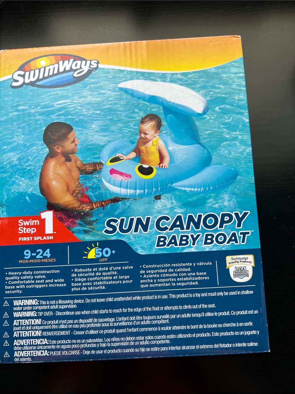 New swimways  sun canopy baby boat 9-24months 50+upf blue